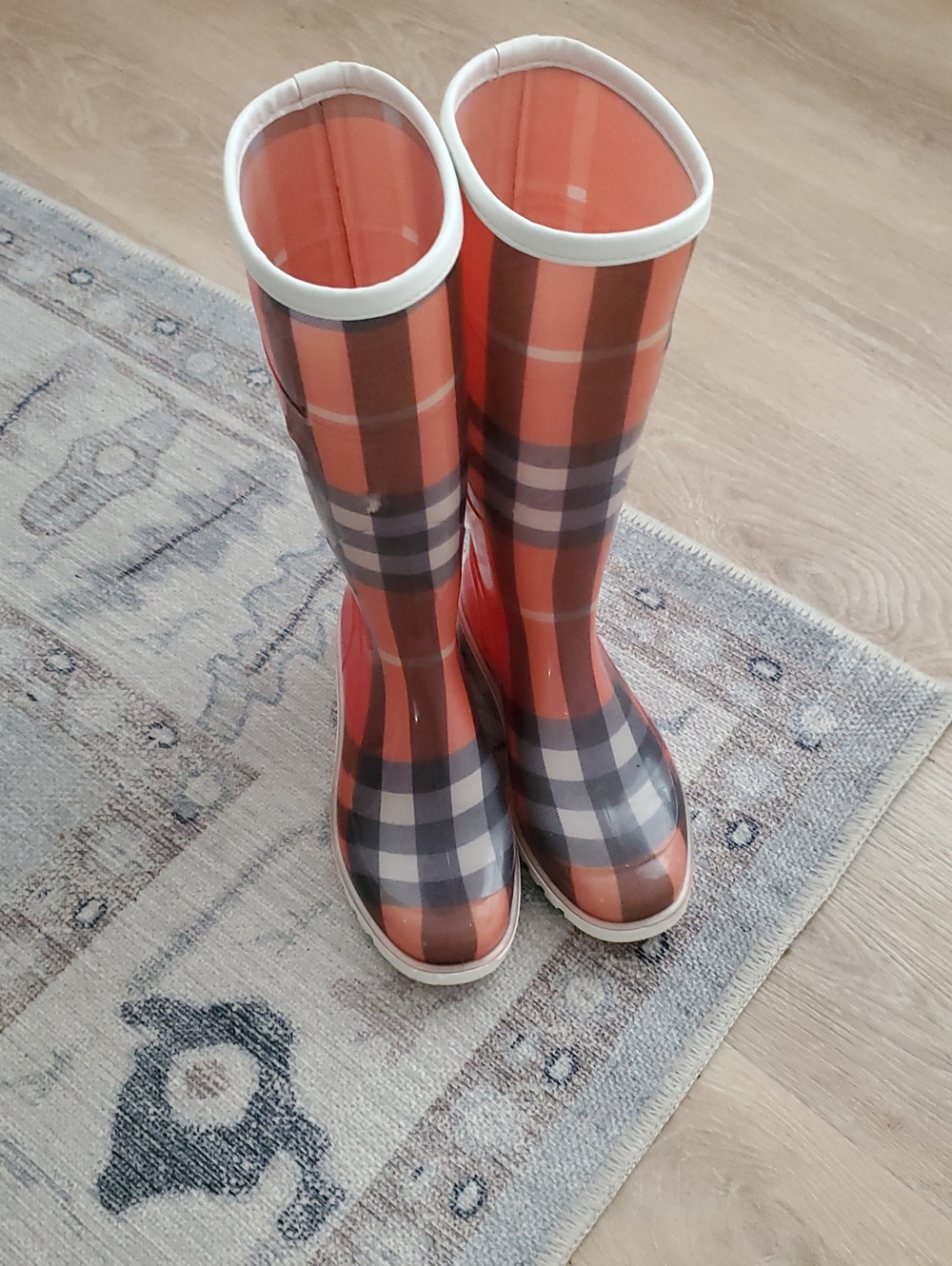Burberry Womens Orange Plaid Rubber Rain Boots Sz38
